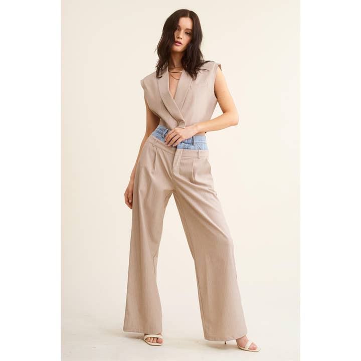 BEIGE Denim Waistband Contrast Stripe Wide Leg Trousers MB5057 for wholesale on Faire16