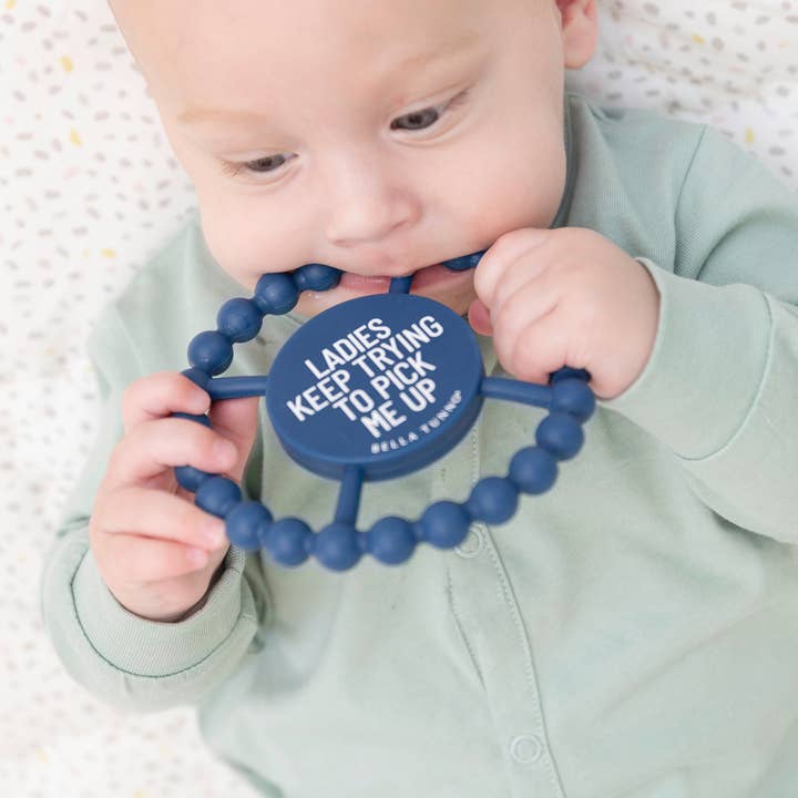 Blue Ladies Pick Me Up Happy Teether for wholesale on Faire
