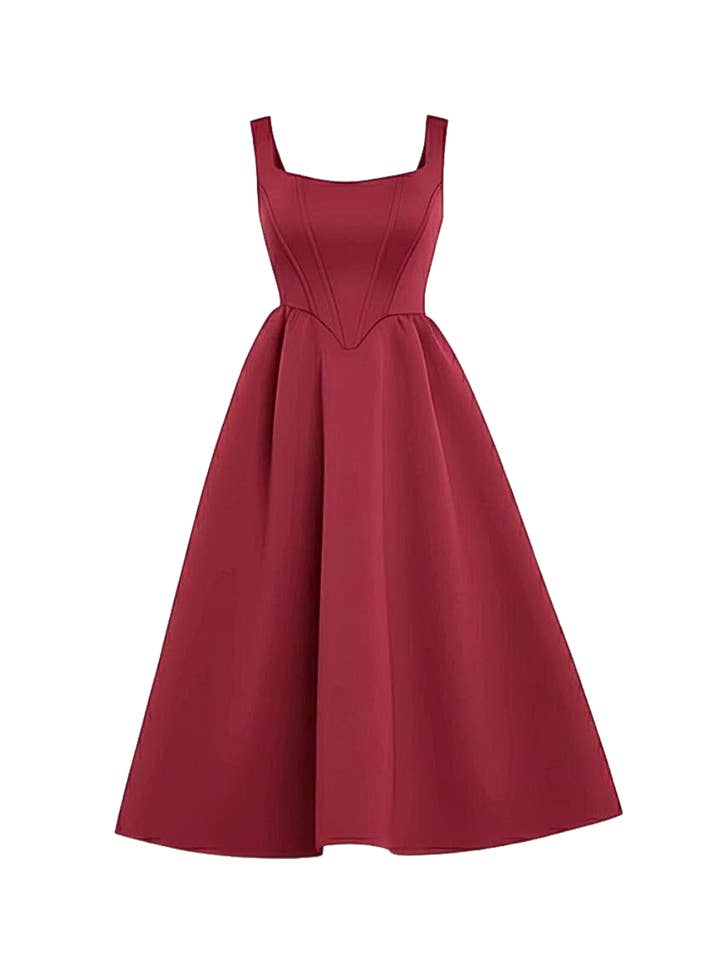 Vestido midi acampanado con corsé y escote cuadrado en color vino para venta al por mayor de AVINCI