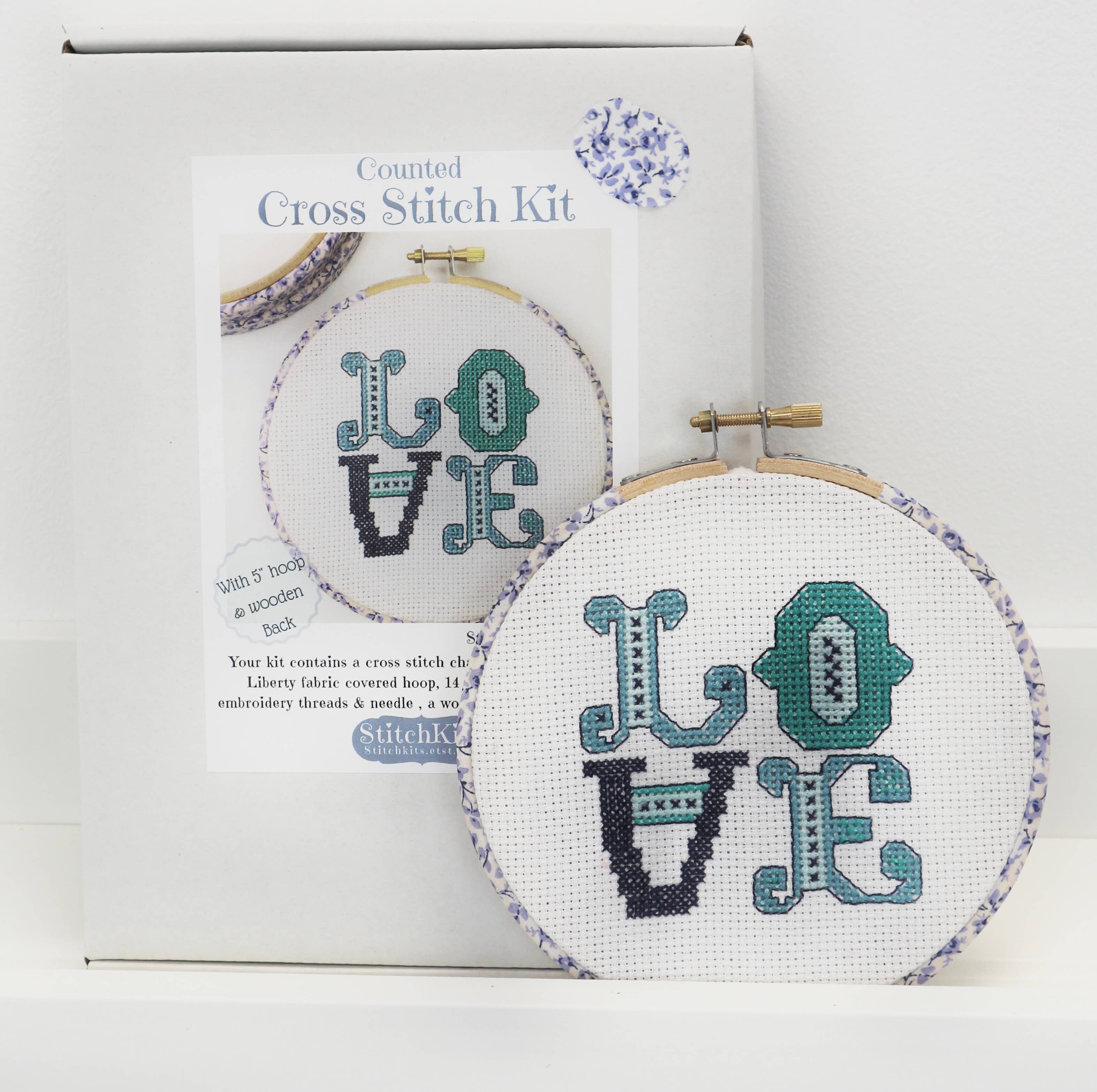 Stitchkits Crafts - Wholesale Embroidery/Cross Stitch Supplies - 'Love' Cross Stitch  Hoop Kit. Blue0