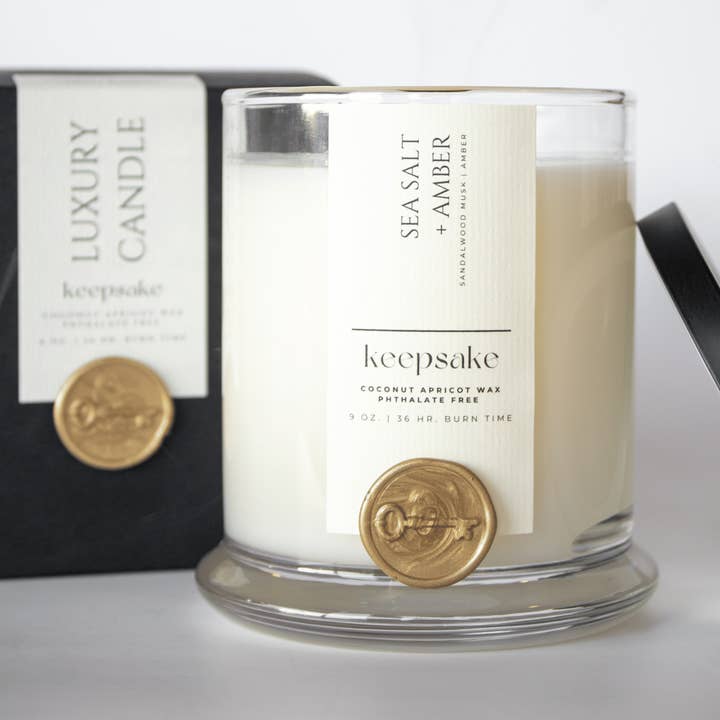 Keepsake Candle | Curated - Wholesale Jar/Filled Candle - 9 oz. Luxury Candle - Sea Salt + Amber