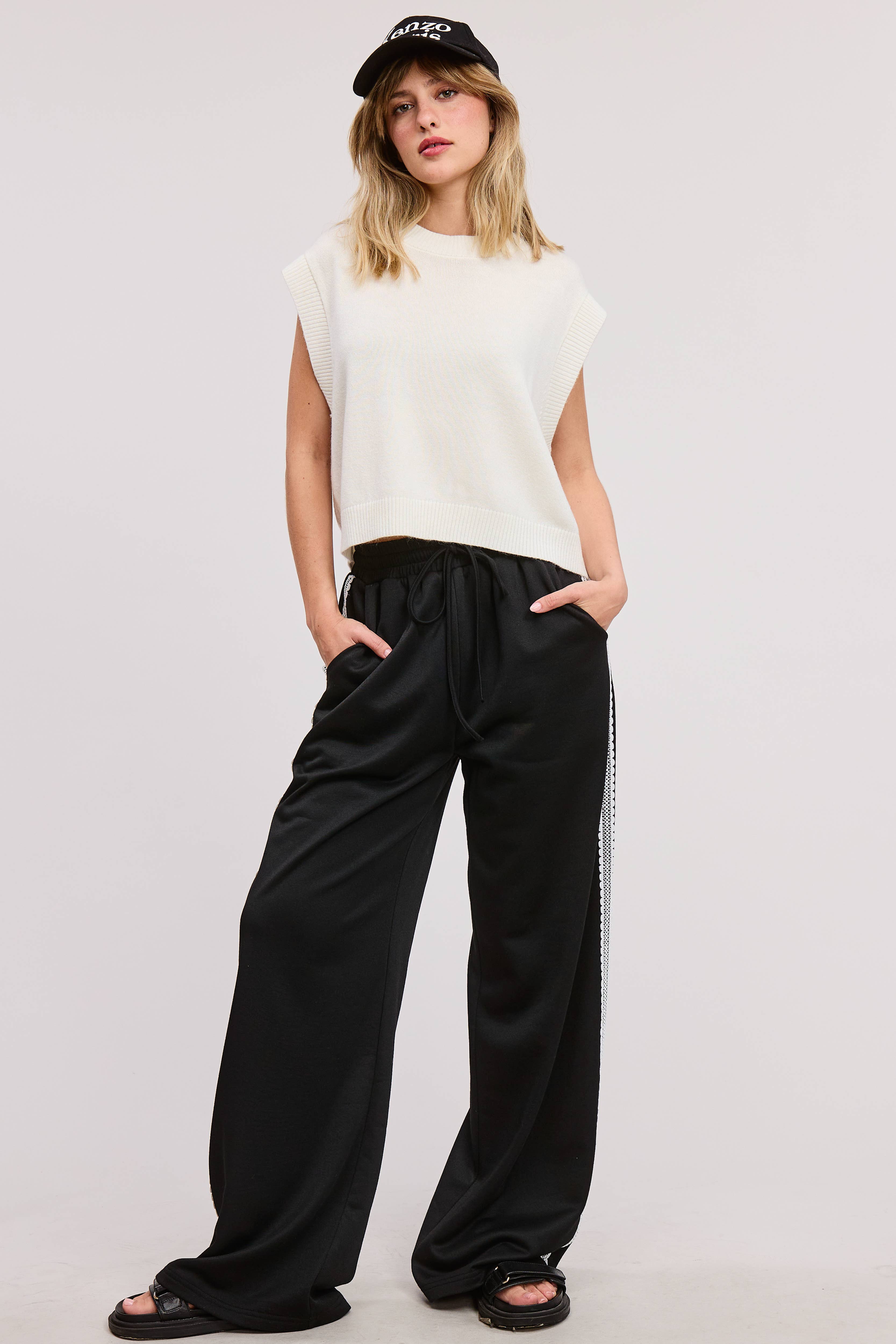 Black Lace Trim Wide Leg Track Pants with Drawstring Waist for wholesale on Faire18