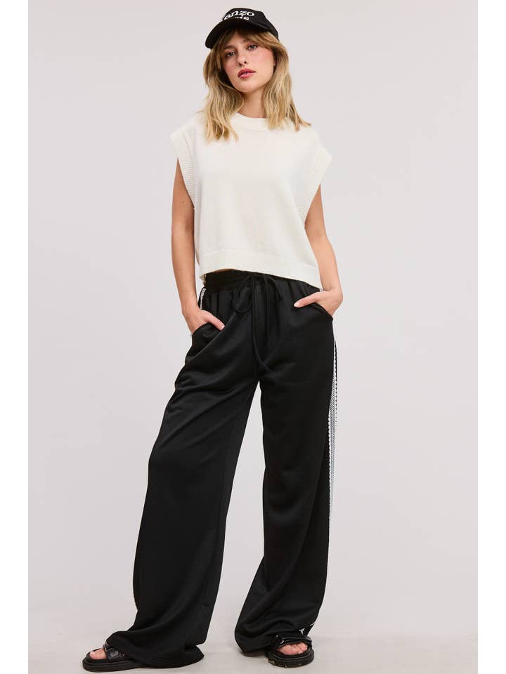Black Lace Trim Wide Leg Track Pants with Drawstring Waist for wholesale on Faire18