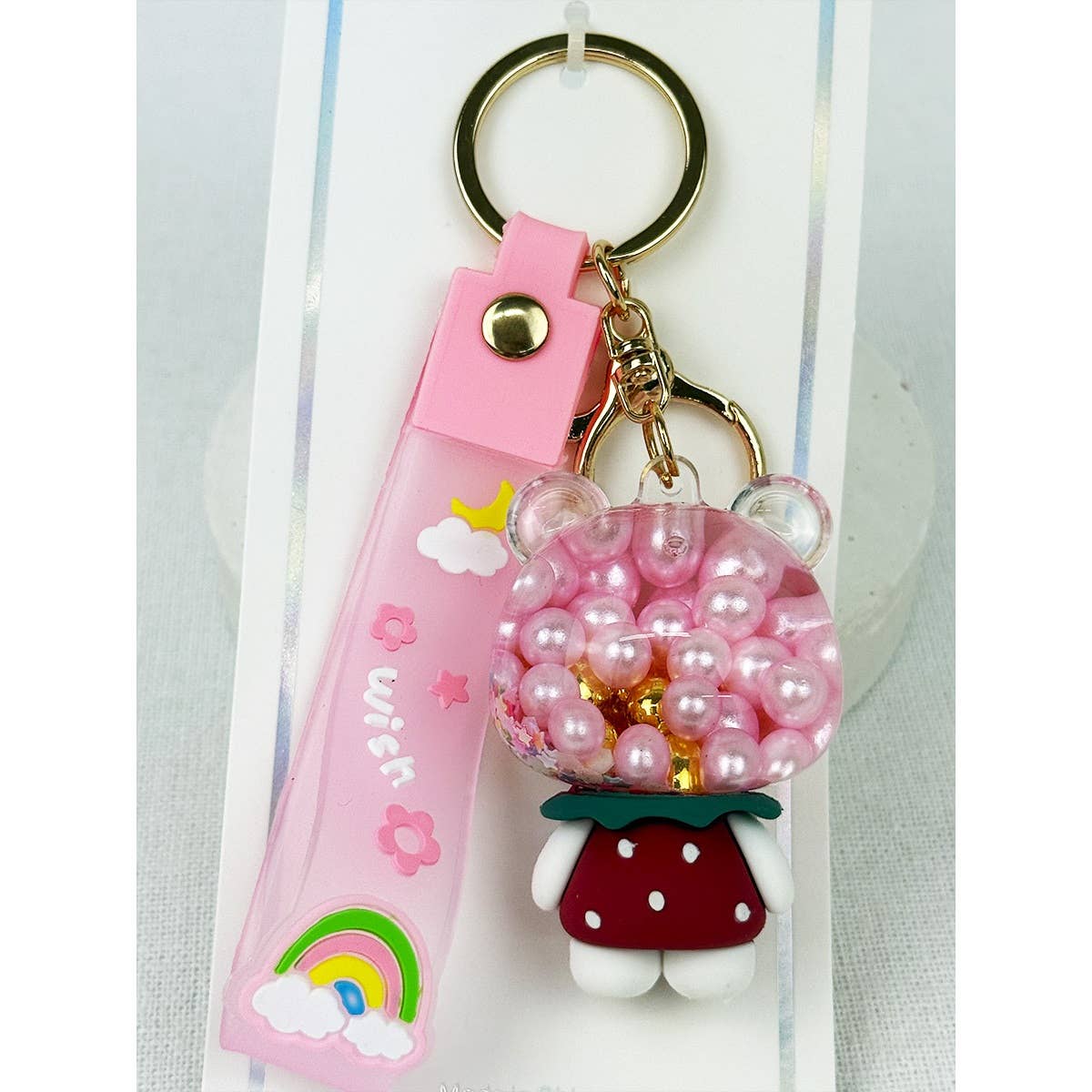 PINK Floating Pearl and Glitter Kitty Key Chain for wholesale on Faire4