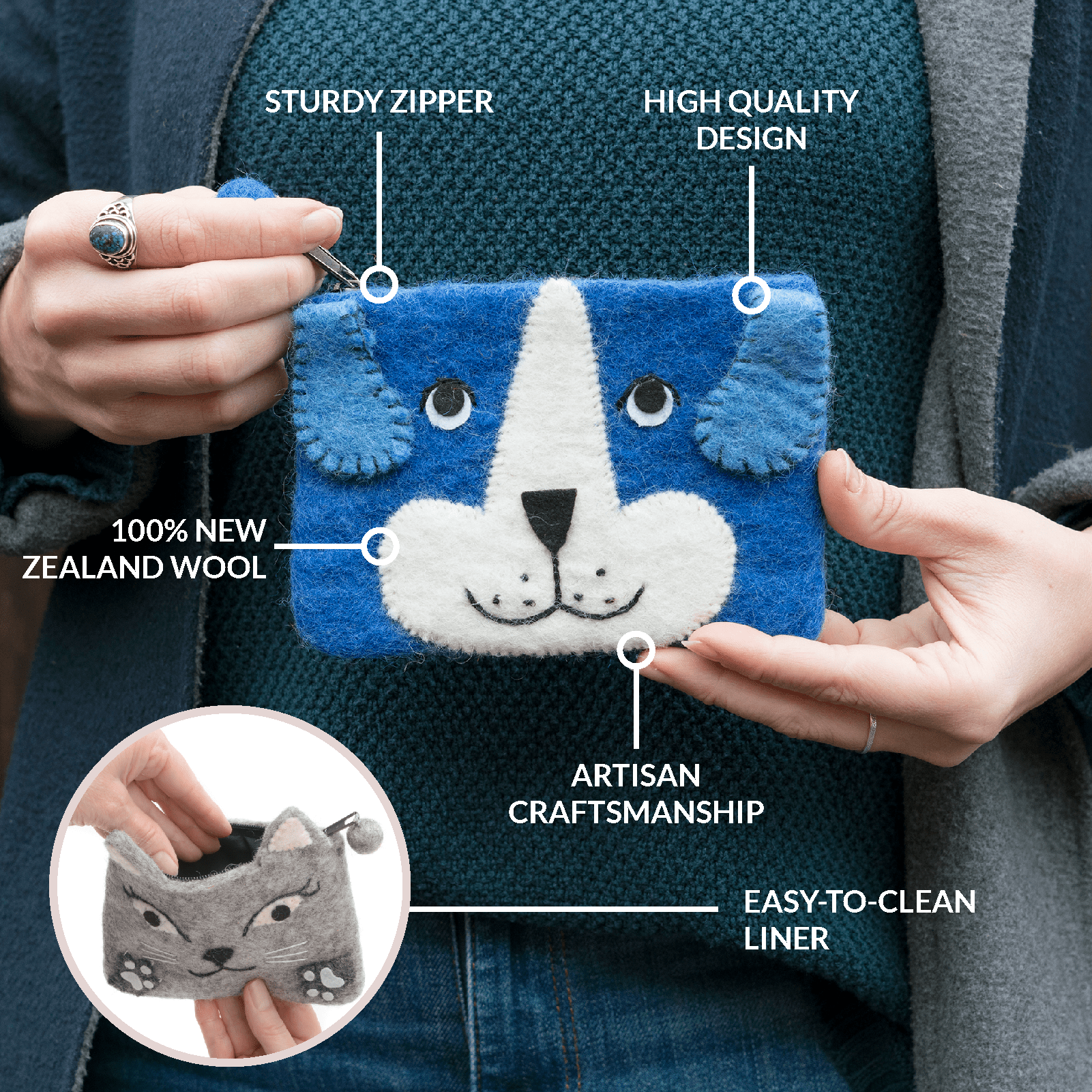 OmaOmaOma! Montessori Educational Wooden Toys for Kids - Wholesale Pencil Case/Pouch - Felt Animal Zipper Pouches - Cat, Dog, Fox Bag Set Ages 3+1