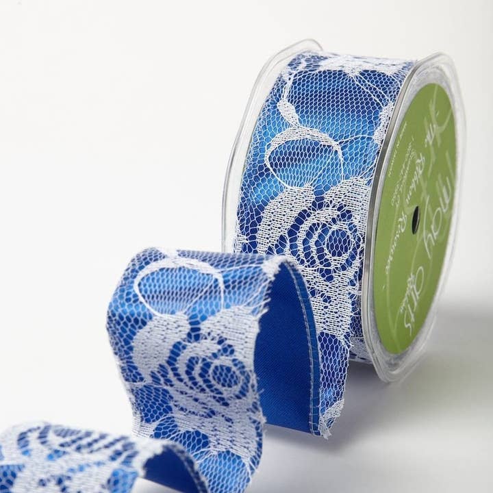 May Arts Ribbon - Wholesale Ribbon – Gift wrapping - 1.5" Blue Satin White Lace Overlay Ribbon (Wired)0