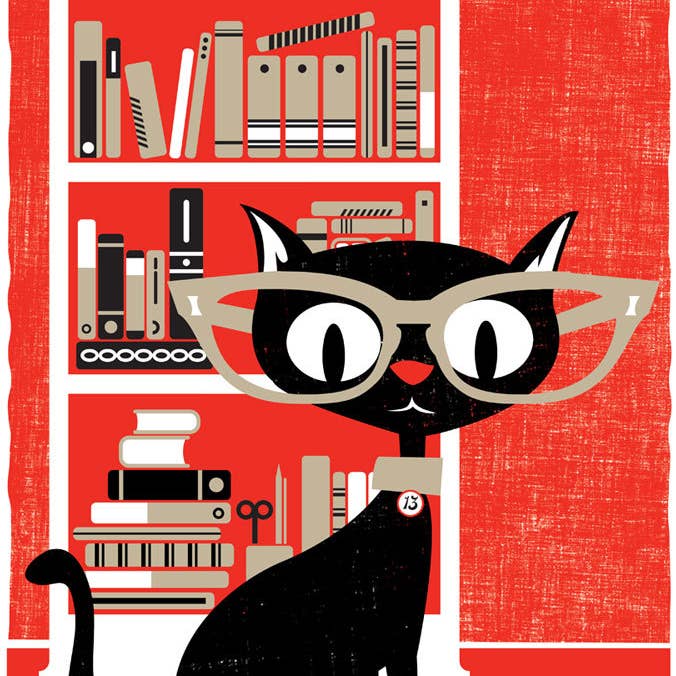 Black Cat Art Print Screenprint Bookworm Cat Lovers Art for wholesale by strawberryluna