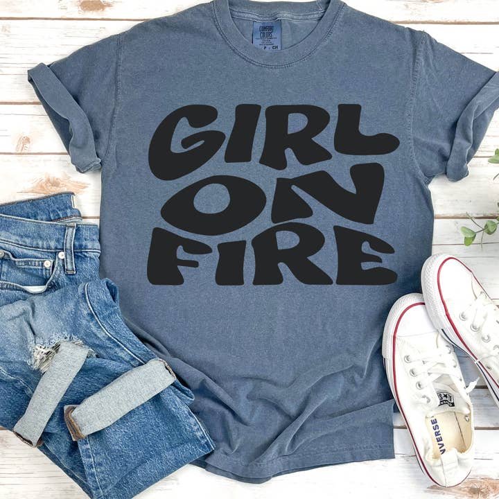 Girl on Fire Shirt, Bold Empowering Feminine Graphic T-shirt for wholesale by La Bella Rose Boutique