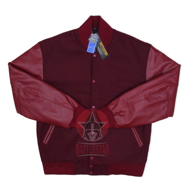Maroon Wool Leather Trendy Varsity Baseball Jacket for wholesale by Battlestar Clothing & Gear Co