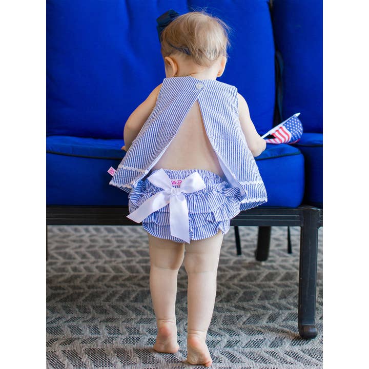 RuffleButts + RuggedButts - Wholesale Top & Short Set - Baby - Baby Girls Blue Seersucker Ric Rac Swing Top & Bloomer Set
4