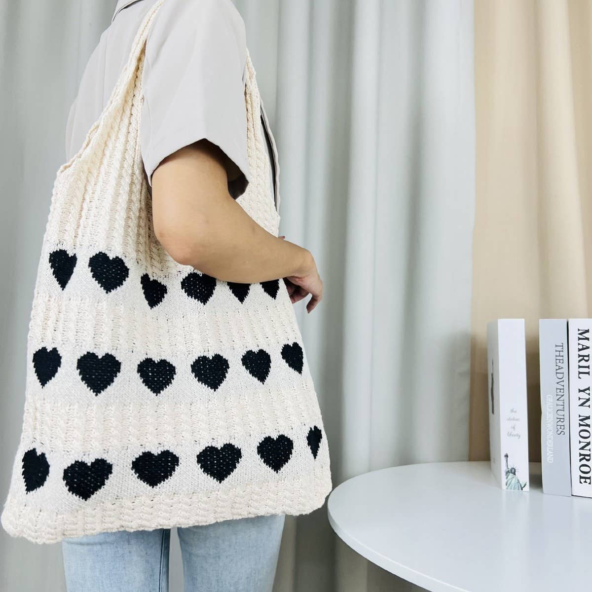 NINEXIS - Wholesale Tote Bag - Women's - CWAB4569_HEART PATTERN KNITTED LARGE CAPACITY TOTE BAG19