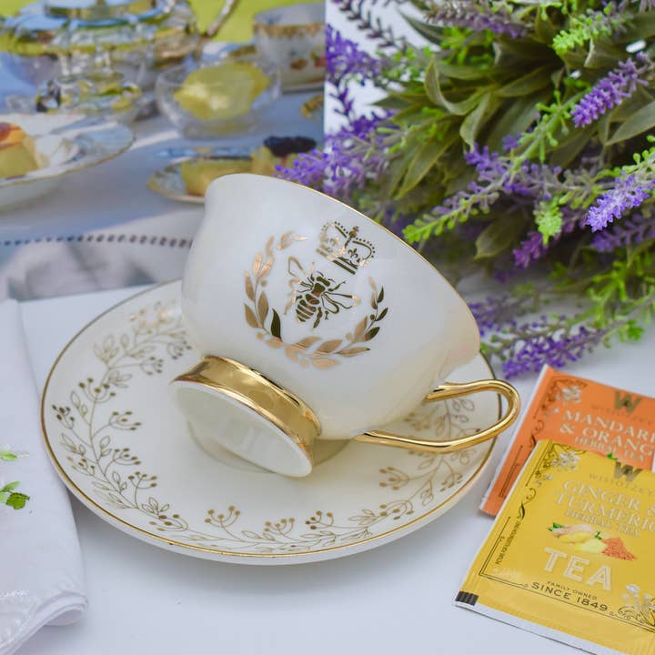 All Little Cute Things - Wholesale Tea Set - Regency Gold Bee Ivory Pearl with Gold Teacup and Saucer2