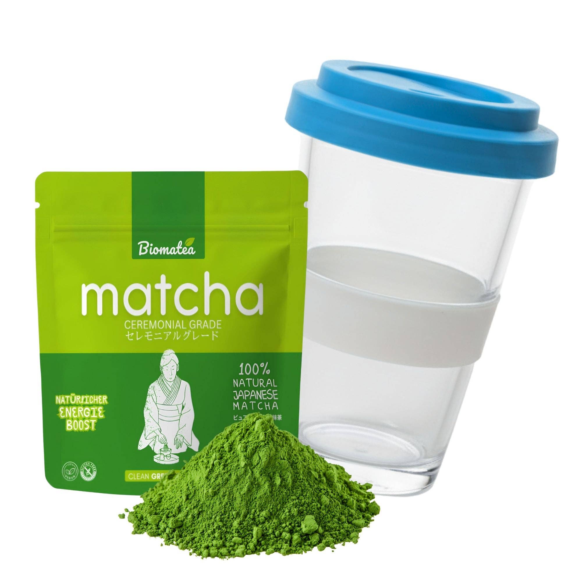 Biomatea - Wholesale Health/Detox Tea - Swiss made Matcha 2 go glass cup with 50g ceremonial Matcha powder from Kagoshima, Japan0