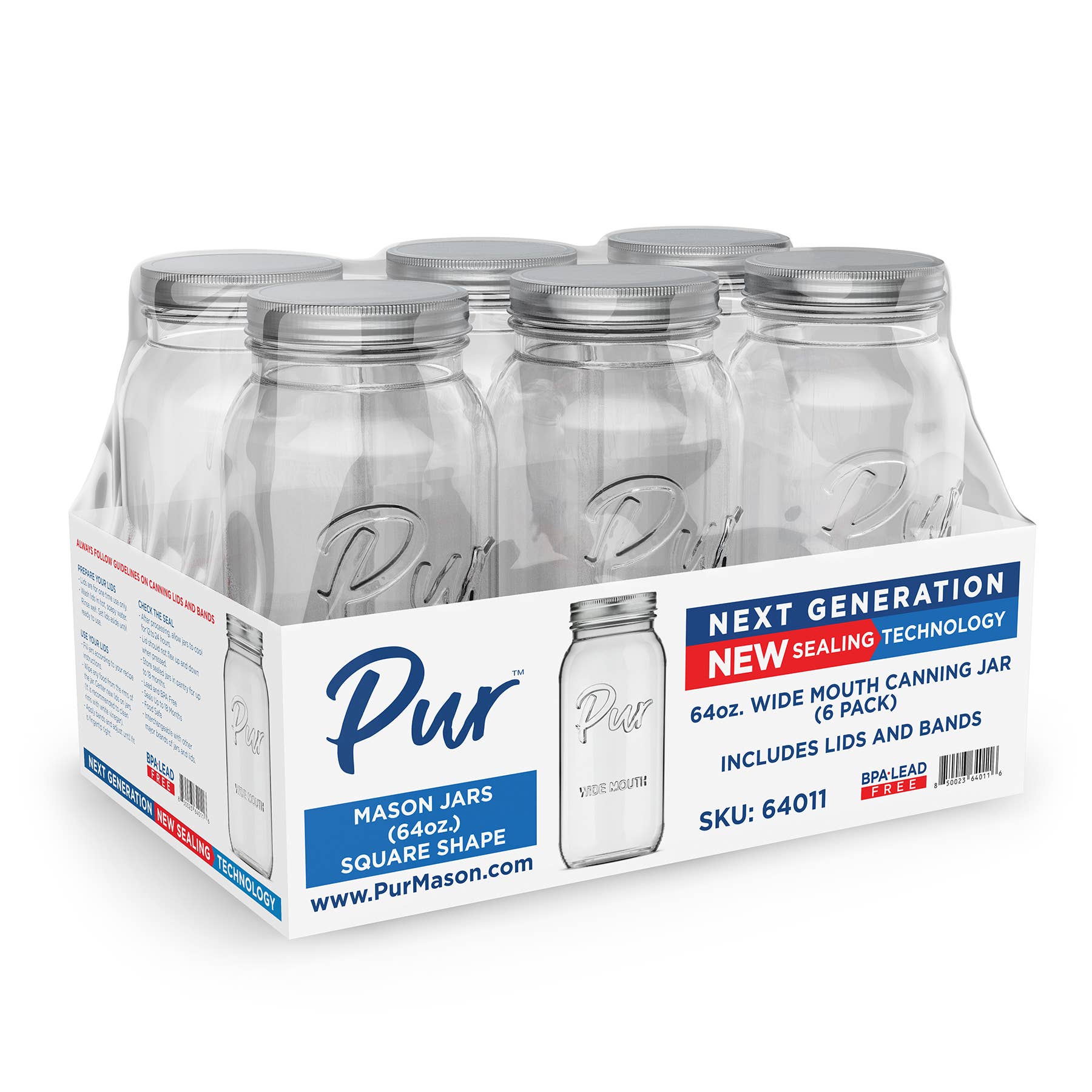Pur Mason - Wholesale Jar - Mason Jar Wide Mouth with Canning Lid, 64 oz - 6 Pack0