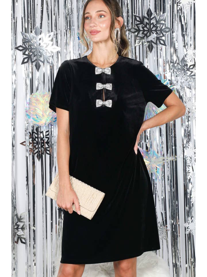 Vine & Love - Wholesale Dress - Women's - Sparkling Sequin Bow Embellished Velvet Dress VD8273720