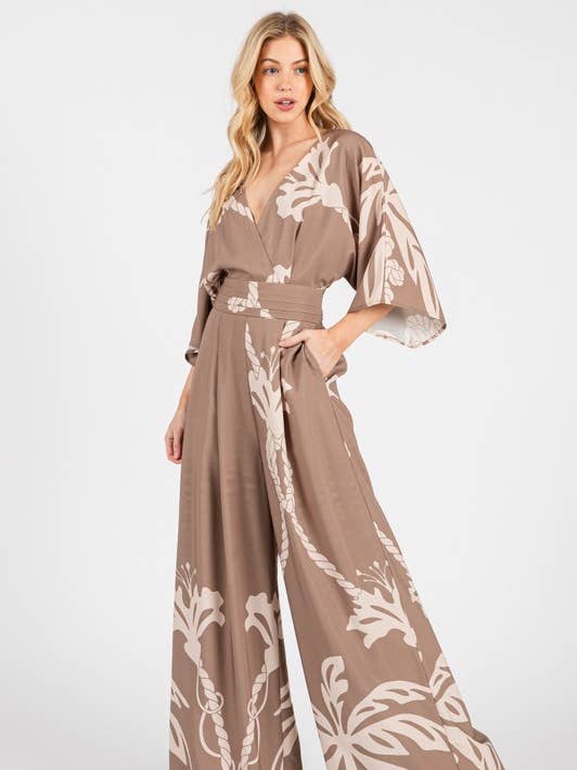 Palm Boarder Print 3/4 Sleeve V- Neck Jumpsuit for wholesale by MintChoco