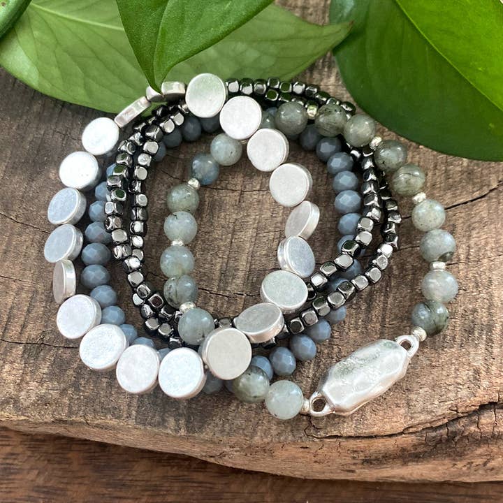 5 piece Boho Beaded Bracelets Stack Semi Precious Metal Glass Beads Silver tone nugget flat beads for wholesale by PennyLine inc