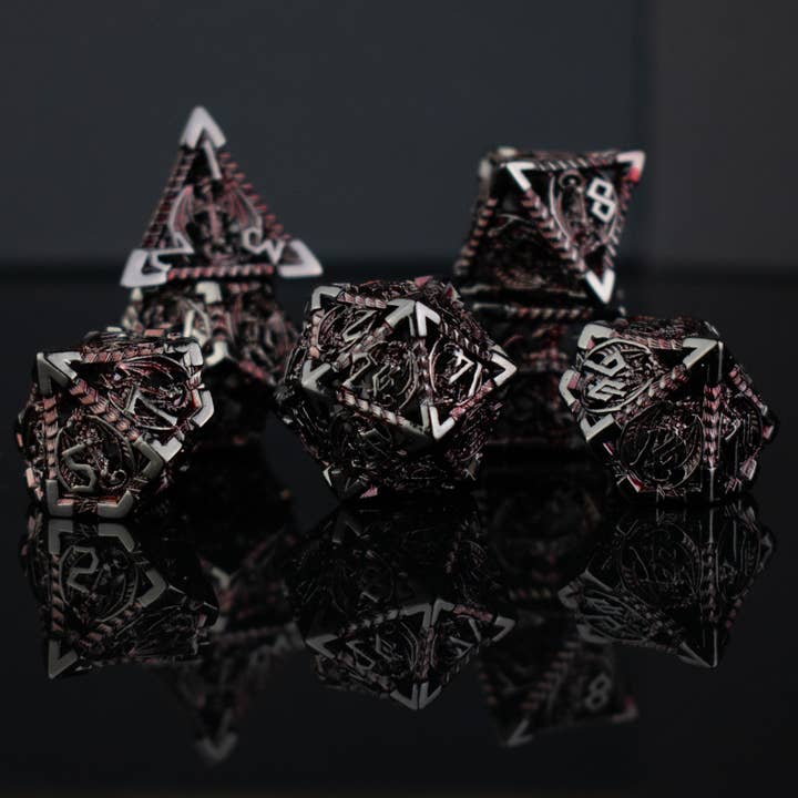 Dragonguard Hollow Metal Dice Set - Crimson and Shadow for wholesale by Misty Mountain Gaming