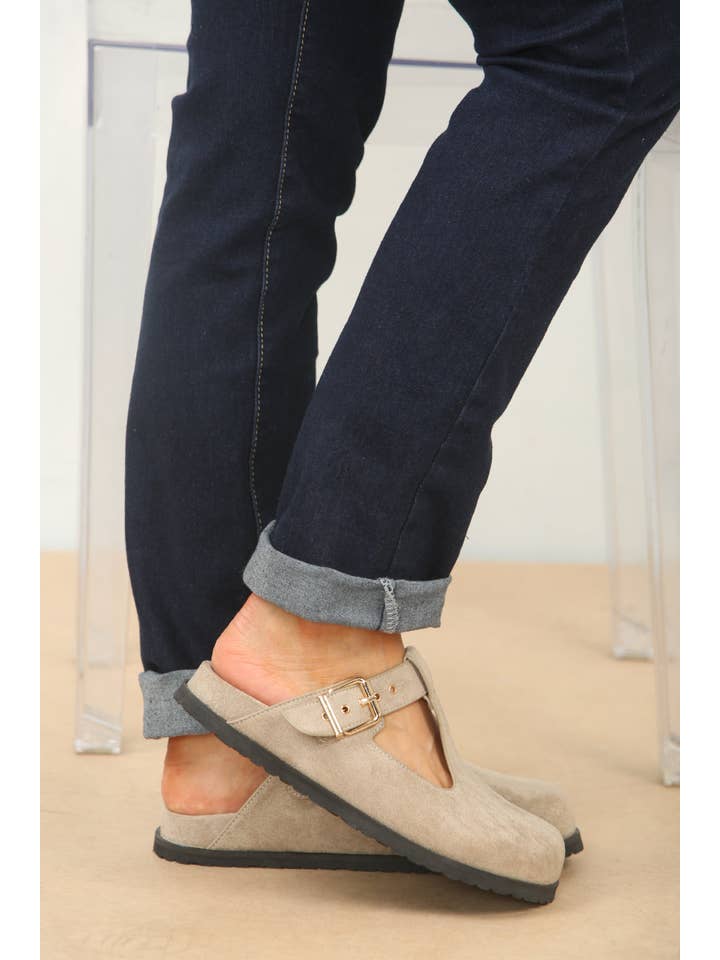 SLIP ON SPLIT KHAKI SUEDE CLOGS WITH BUCKLE for wholesale on Faire1