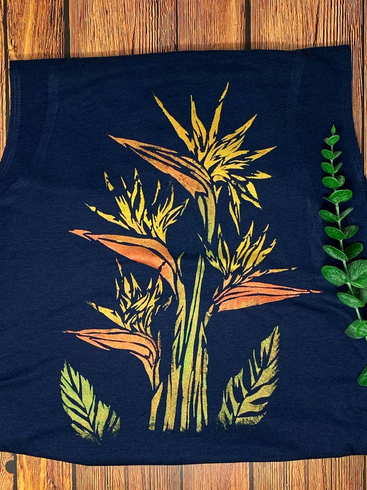 Birds of Paradise Hand Painted Women's Muscle Tank for wholesale by Third Wolf Designs