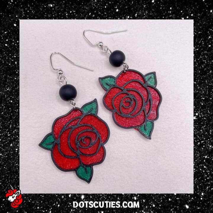 Red Rose dangle earrings | flower, pastel goth, kitschy, cute, Valentine's, Love for wholesale by Dot's Cuties