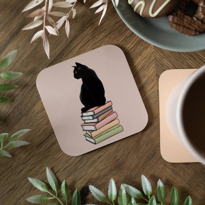 Cat and Books Coaster for wholesale by Hayley Jade Design Studio
