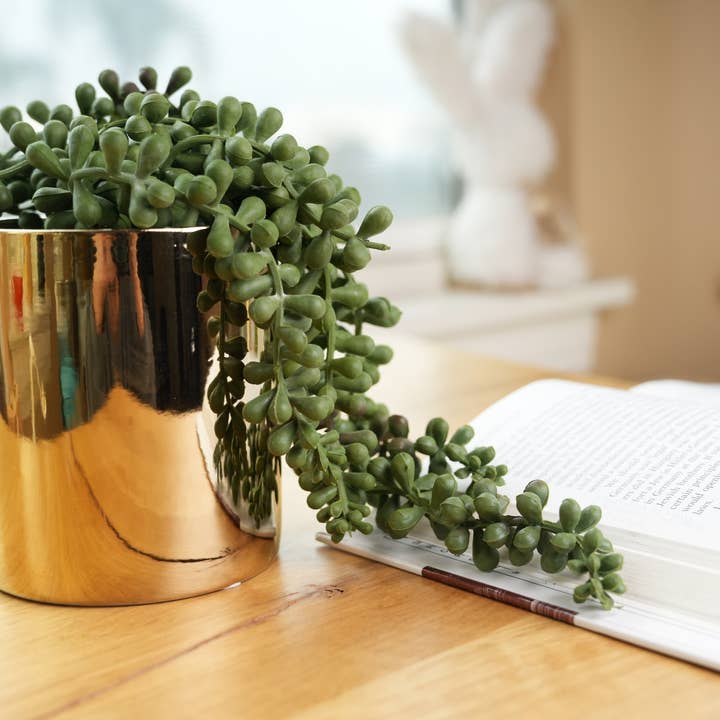 Flora Bunda Inc – Engroshandel Sukkulenter – Hængende kunstig sukkulent i skinnende guldfarvet potte1