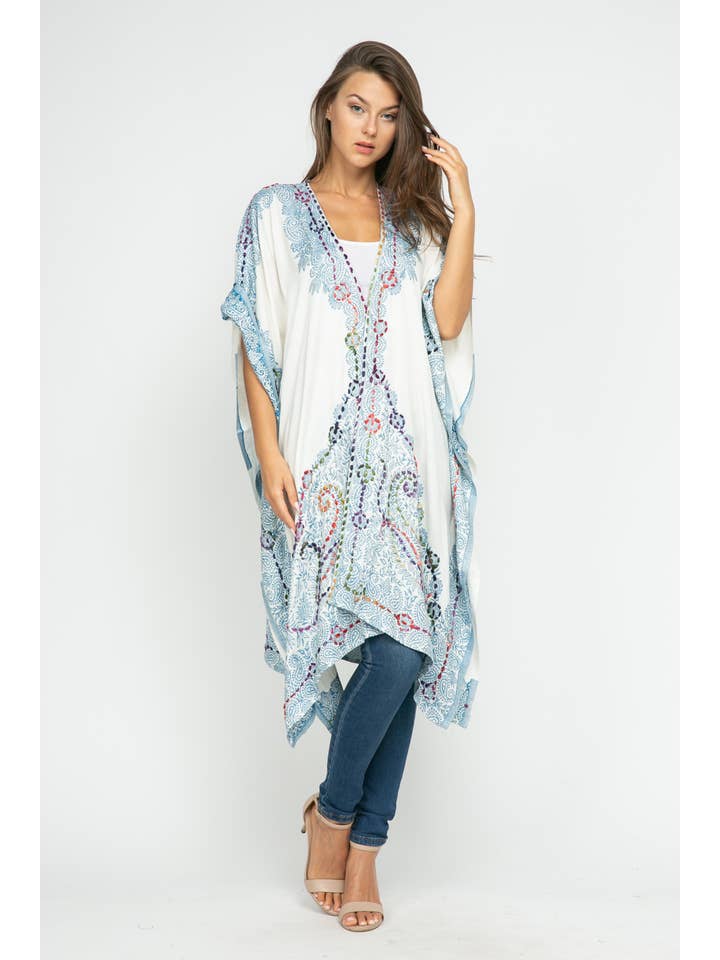 Raj Trading & Imports (USA) Inc. - Wholesale Kimono - Women's - Tatiana White Blue Thick Stitch Kimono Short Sleeve