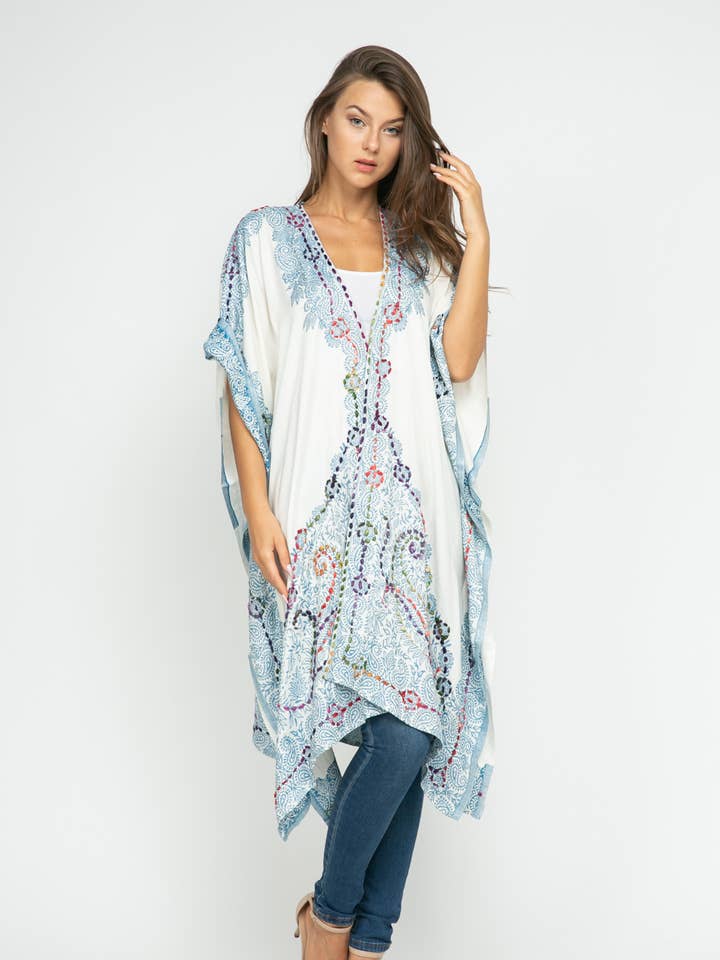 Raj Trading & Imports (USA) Inc. – wholesale Kimono – Women's – Tatiana White Blue Thick Stitch Kimono Short Sleeve