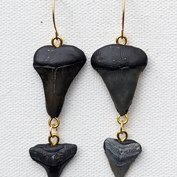 Gay Isber Designs – wholesale Dangle earrings – Double Stacked Fossilized Shark Teeth Designed Hand Made by Award-Winning Artist Sugar Gay Isber1