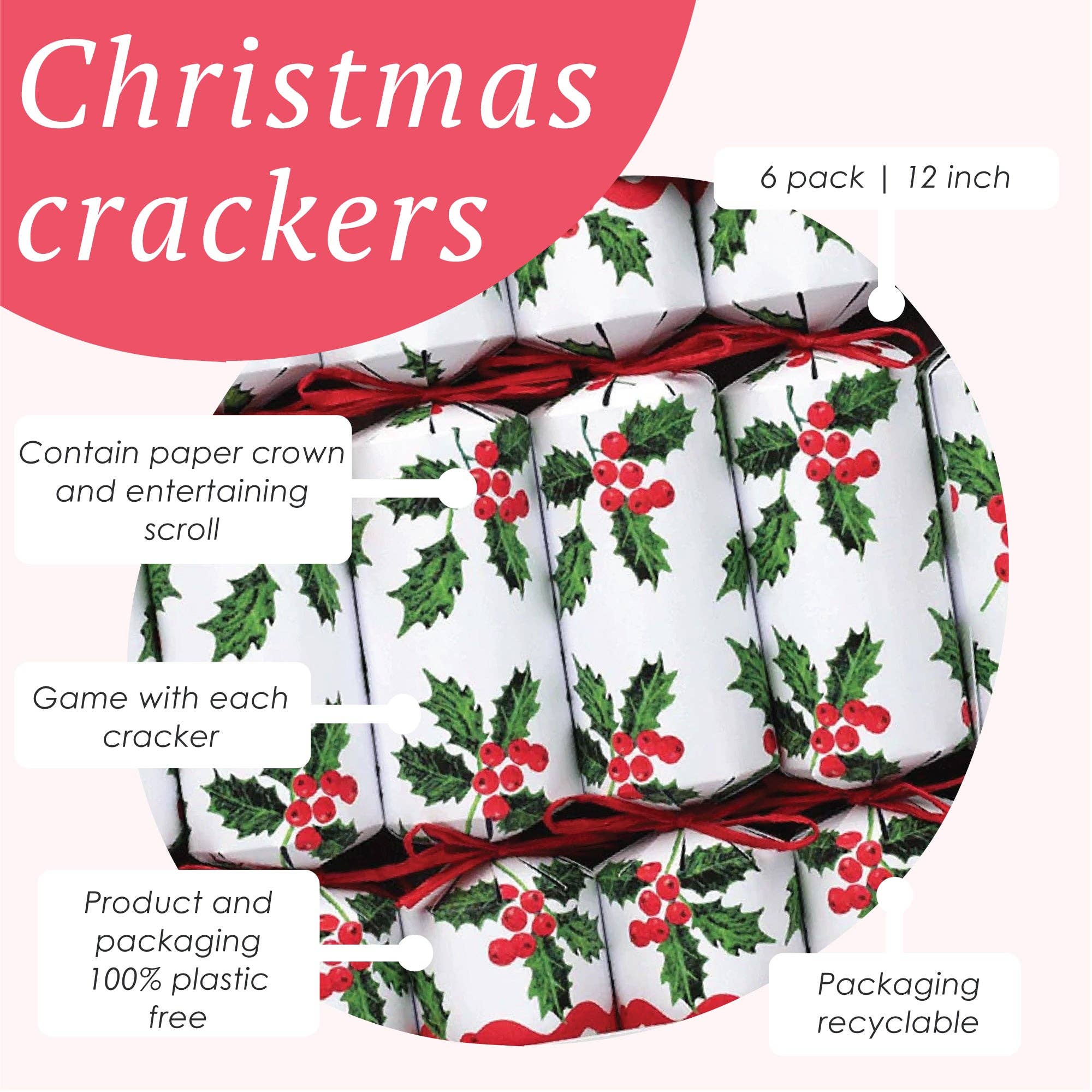 Talking Tables UK - Wholesale Christmas decoration - Holly White Christmas Crackers | 6 Pack | Christmas Table |2