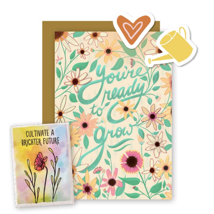 "Ready to Grow" Garden Greetings Kit w. Wildflower Seed Packet, Infosheets + Greeting Card w. Hand-drawn Gaillardia Flowers (Celebrate Pollinators) for wholesale by UpRoot Design Studio