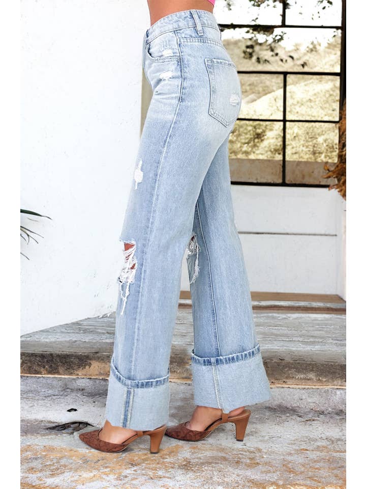 Beau Blue Light Wash Distressed Flare Jeans for wholesale on Faire1