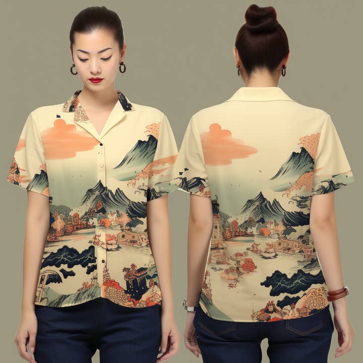 NeoShores - Wholesale Buttoned-down shirt – Women's - Intricate Ukiyo-e Pattern Women Casual Short Sleeve Shirt