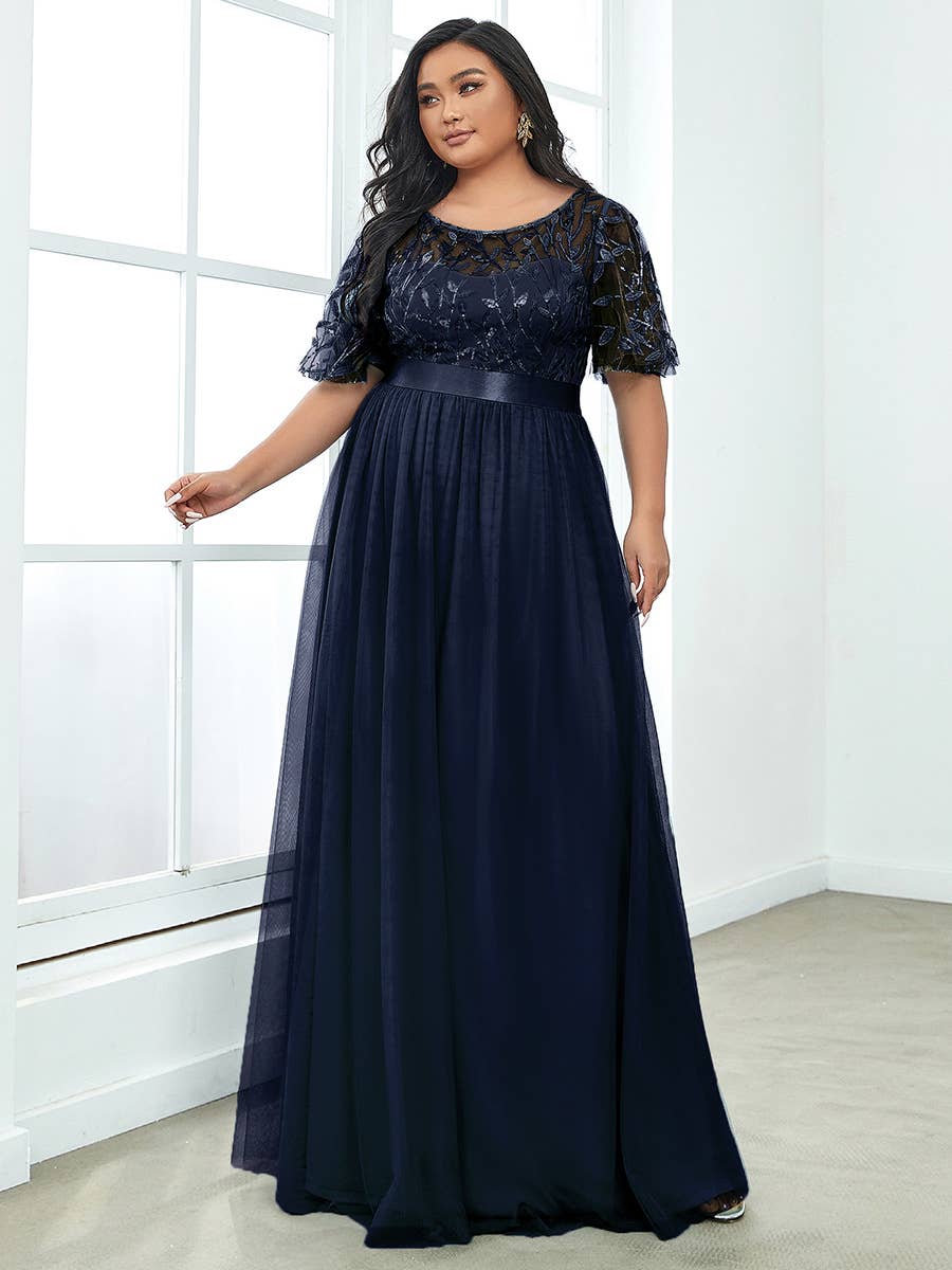 Ever-Pretty - Vente Robe de soirée – femme - Robe de soirée grande taille à imprimé pailleté avec manches courtes volantées13