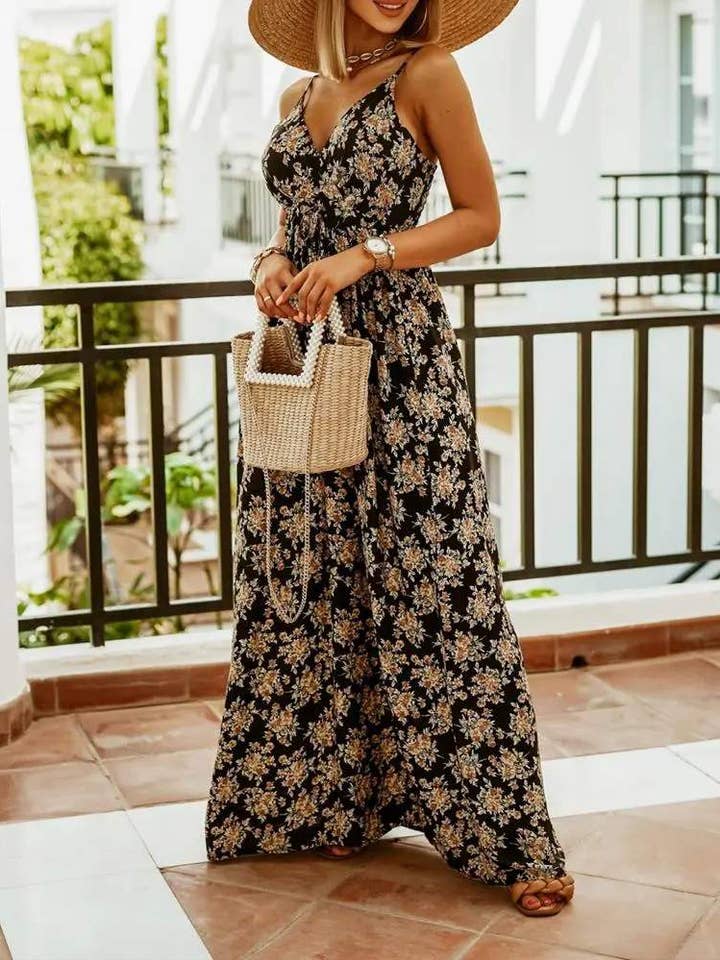 SVART blommigt tryck shirred spaghettiband maxi klänning för wholesale på Faire0