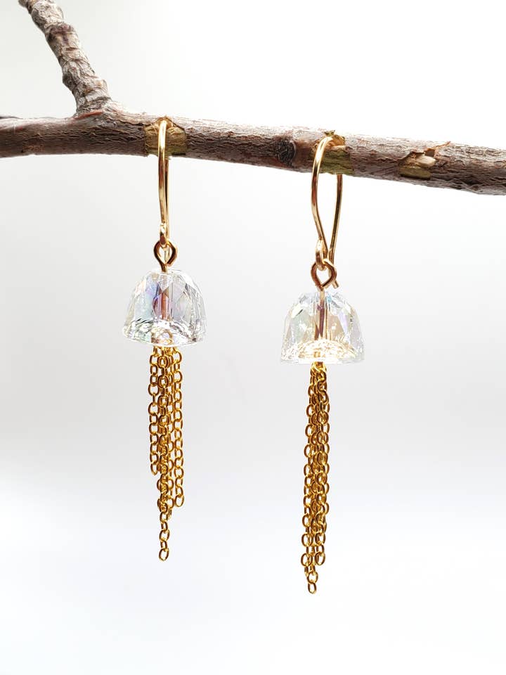 Earrings, Clear Crystal & Gold Chain Jellyfish, A for wholesale by Jezabel Adornment