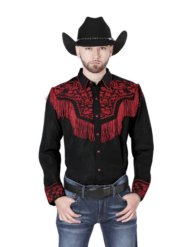 Camisa Bordada El Señor de los Cielos Negro/Rojo Mod. 126726 para venta al por mayor de Conejo Western Wear