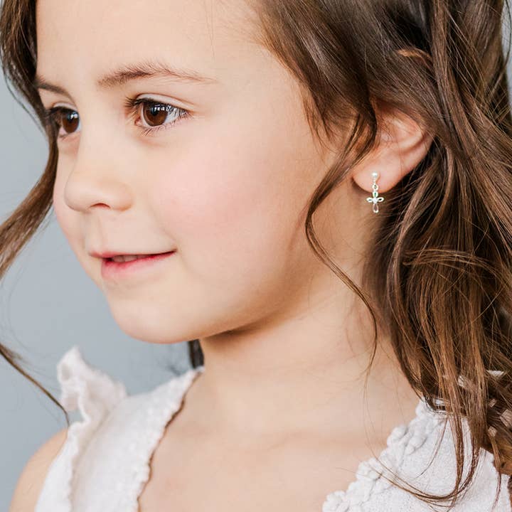 Cherished Moments - Wholesale Earrings - Kids - Sterling Silver Pearl Cross Baptism/First Communion Earrings
