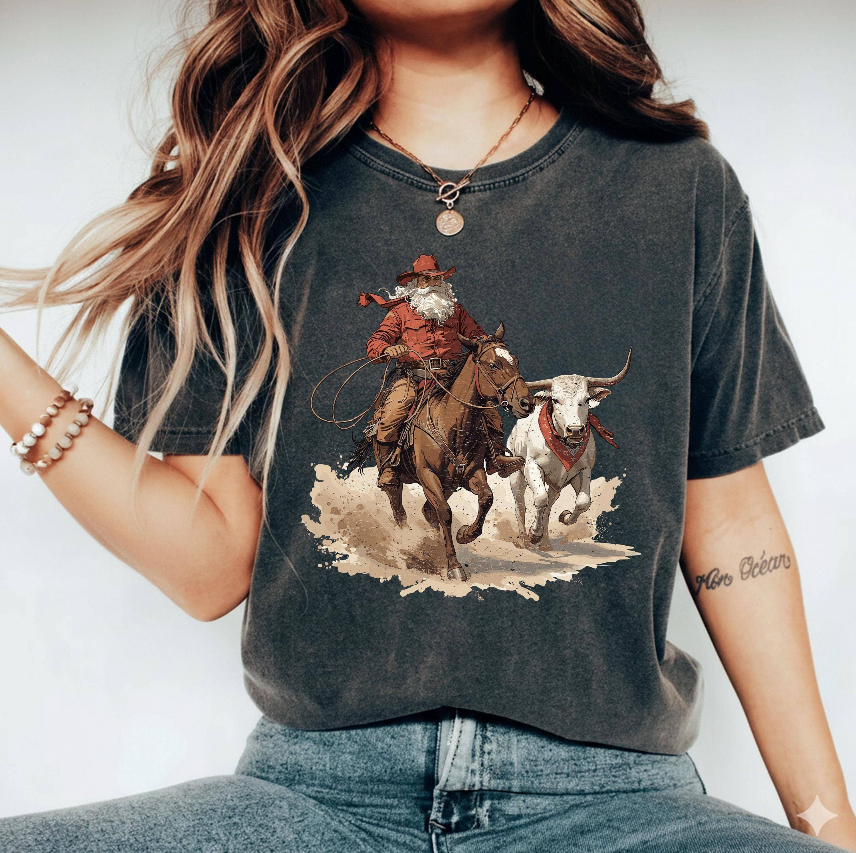 Glaime – wholesale T-shirt (graphic) – women's – Cowboy Santa Western Roping Christmas Comfort Colors Shirt1