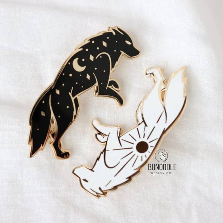 Bunoodle Design Co. - Wholesale Lapel Pin/Button - Sun and Moon Wolf Enamel Pins