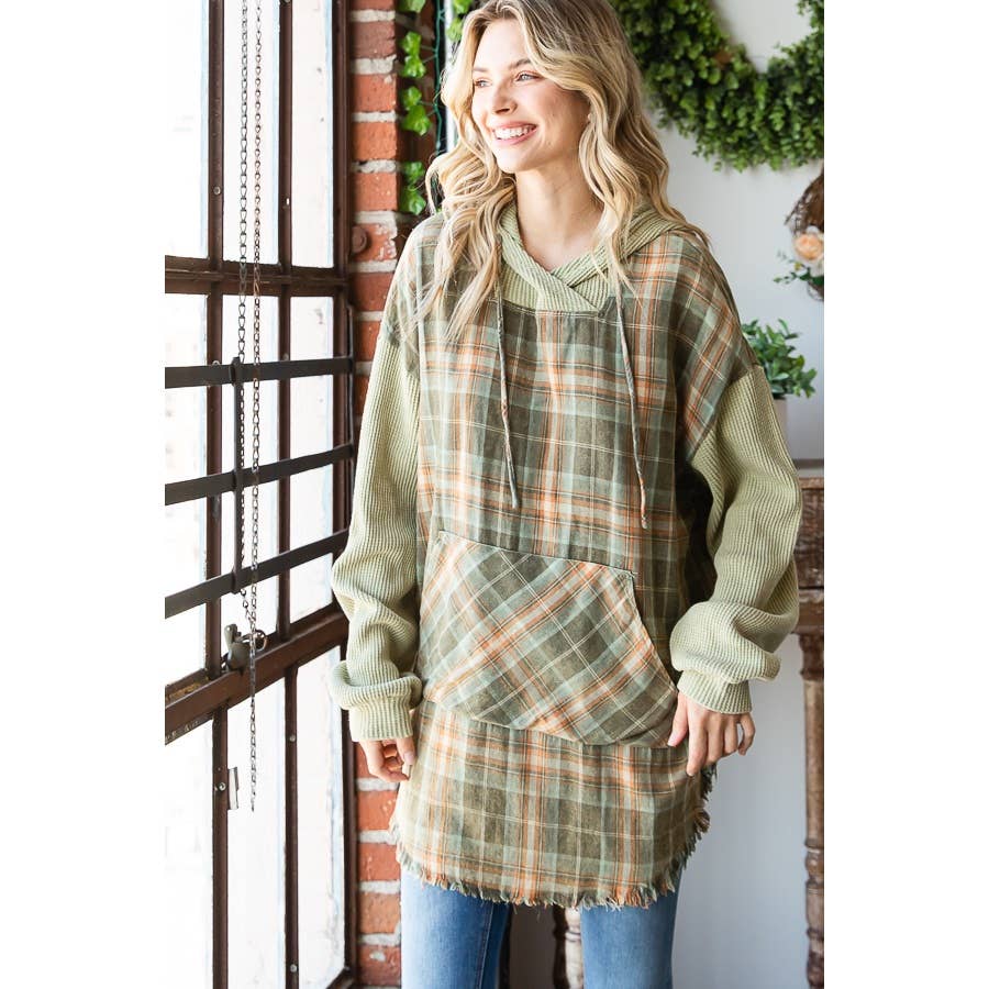 Oli&Hali - Vente Sweat à capuche – femme - PULL À CAPUCHE À CARREAUX DÉLAVÉ AVEC OURLET BRUT ET MANCHES LONGUES3