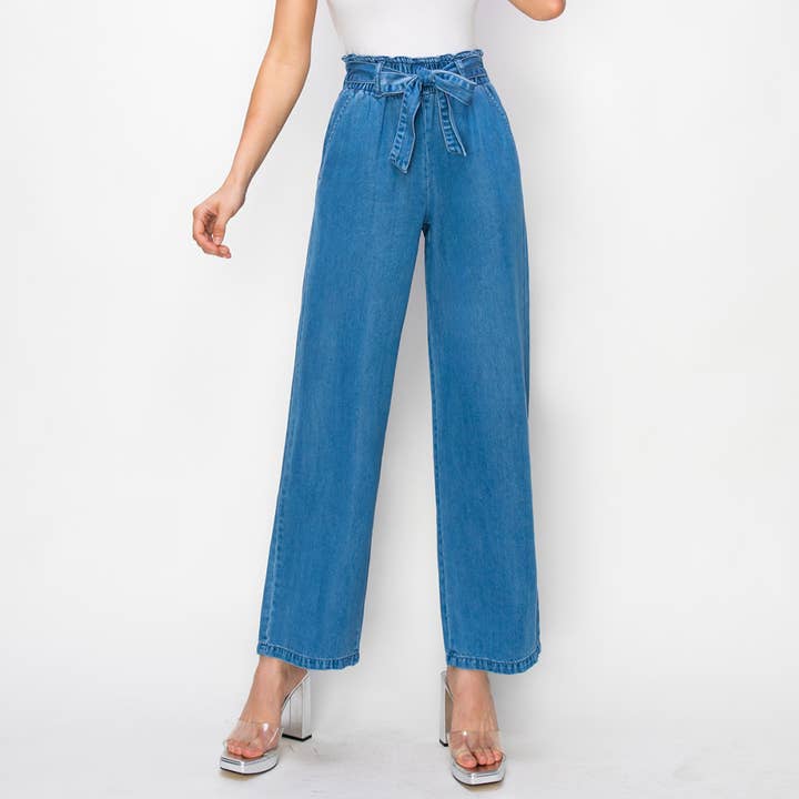 BELLA LUNA - Vente Jean – femme - JEAN À BANDE ÉLASTIQUE À DRAPÉ AMPLE AVEC CEINTURE EN TISSU4