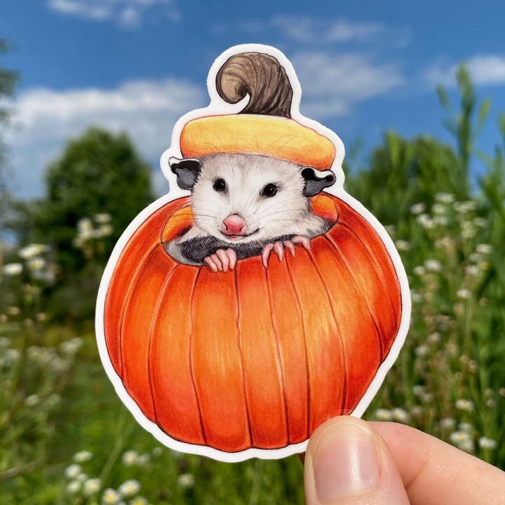Autocollant en vinyle résistant aux intempéries Pumpkin Opossum pour Halloween pour la vente par Allison Stoiser Art
