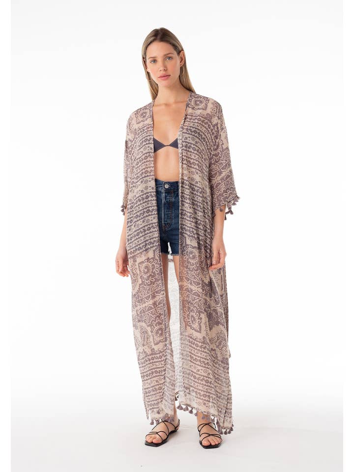 Natural Grey Sheer Printed Tie Front Maxi Kimono Robe for wholesale on Faire