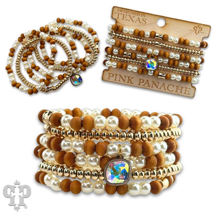 Wood and pearl bead bracelet with Austrian crystal for wholesale by Pink Panache Brands