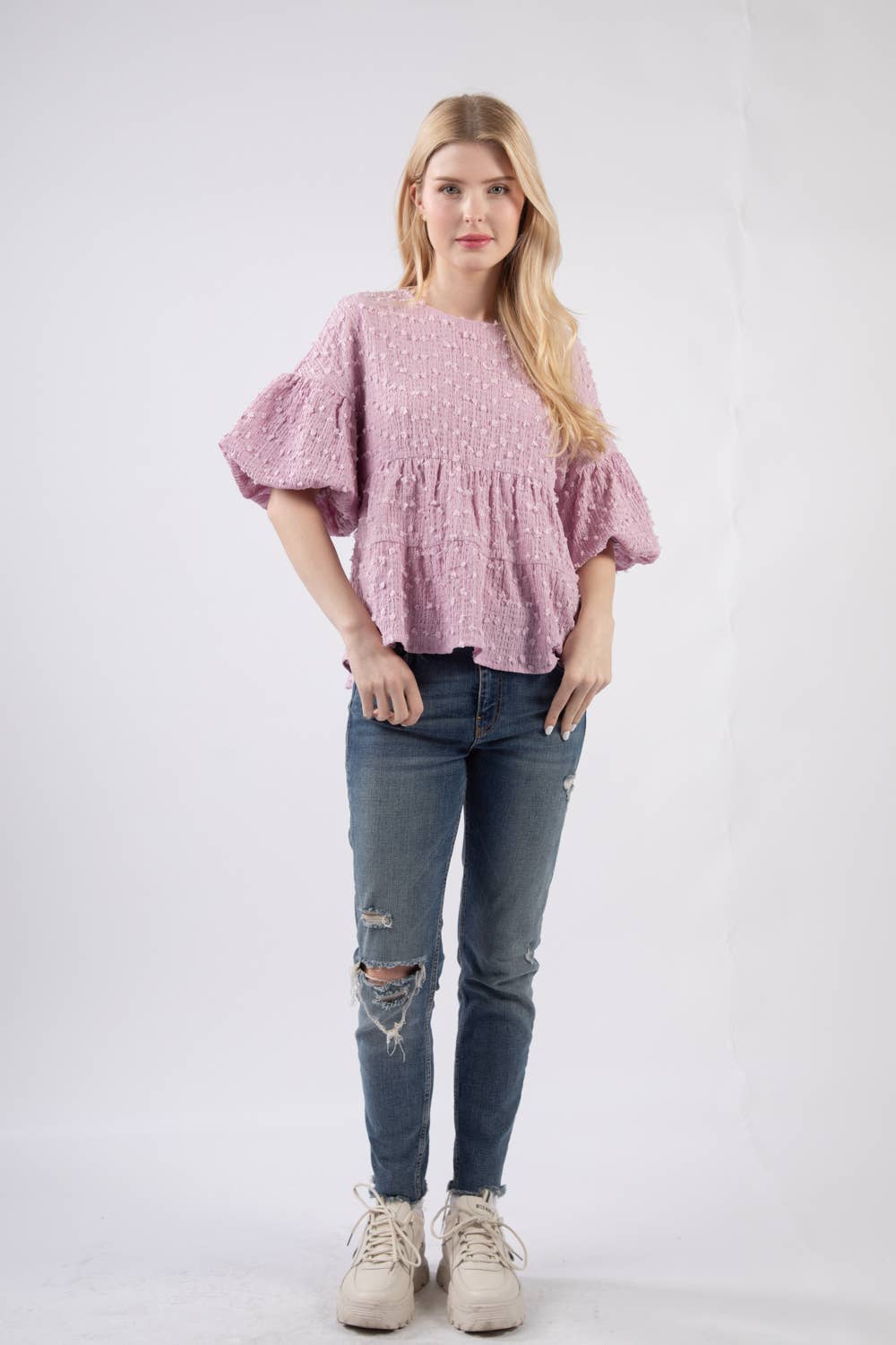 VERY J - Venta al por mayor Blusa - Mujer - Blusa babydoll de punto con pompones arrugados y mangas abullonadas2