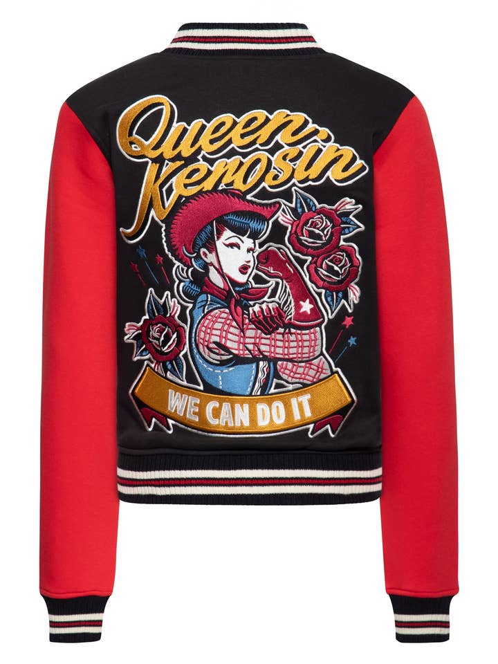 Blusão universitário "We Can Do It" em preto por atacado de KING KEROSIN