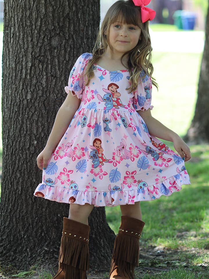 Kids Charm Online - Wholesale Dress - Kids - Lt.pink character printed girls dress w/bubble sleeve. DRG51603 AMY