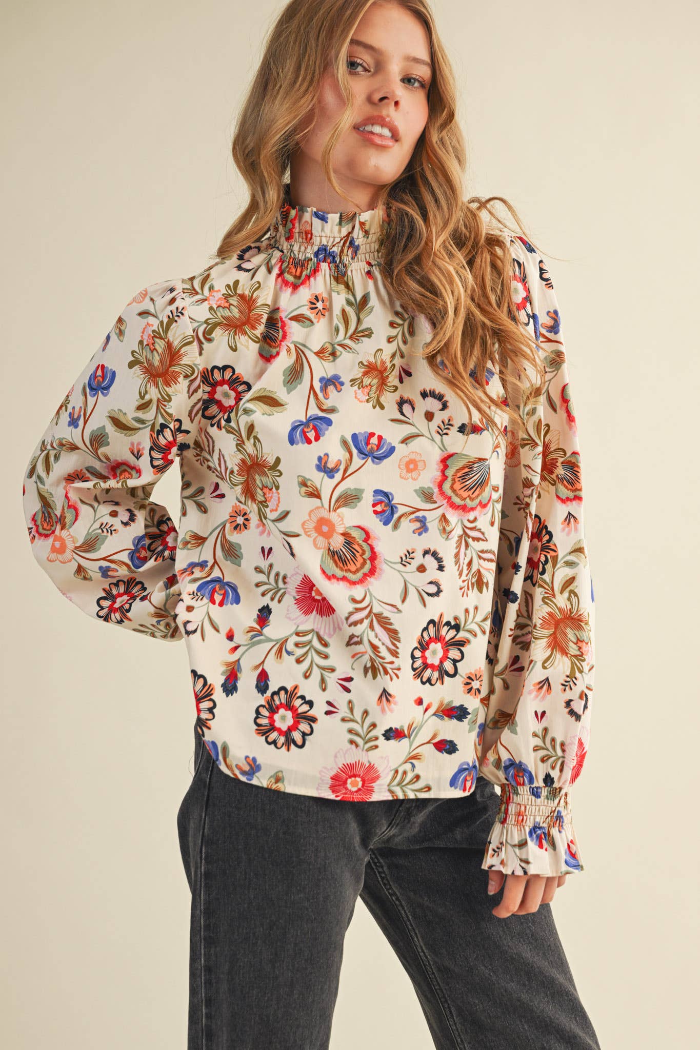 &MERCI - Wholesale Blouse - Women's - EXCLUSIVE FLORAL PRINT RUFFLED MOCK NECK TOP MTP42960